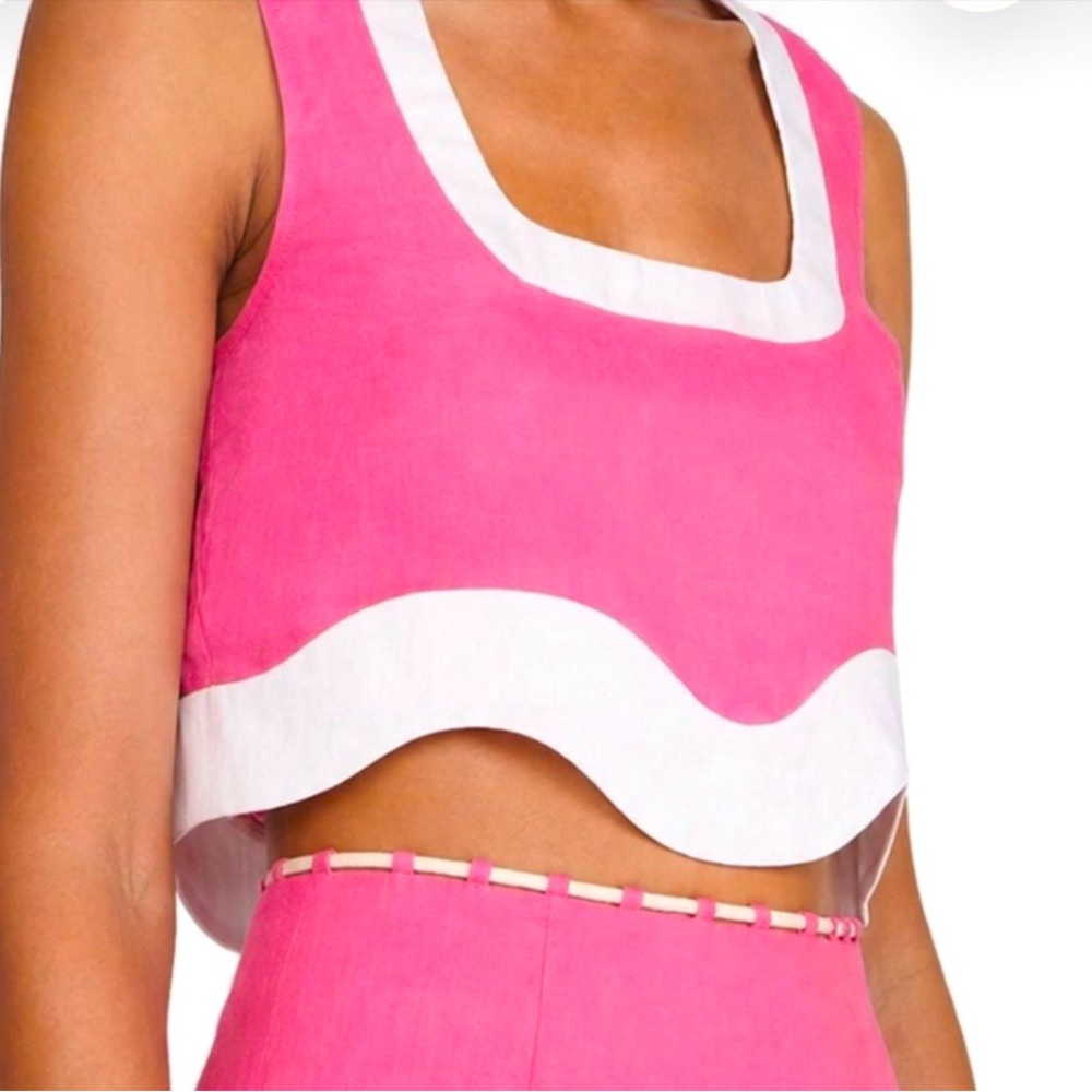 STAUD Linen Arianna Skirt 2 Livia Top XS Set pink white scalloped - Picture 3 of 16